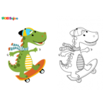 Coloriage enfant dinosaure skate à imprimer