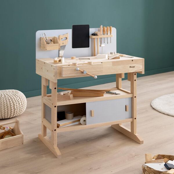 howa Etabli Enfant en Bois Massif - Grand Etablie Bricolage Enfants avec Caisse à Outils Contenant 32 Outils - Etabli Stable et Ergonomique pour Enfants - Hauteur de Travail de 58 à 73 cm 4900