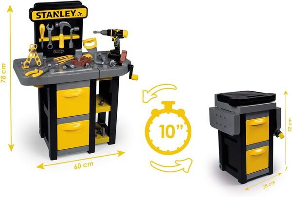 Smoby Stanley 360317 Banc de travail pliable, 39 accessoires avec roulettes et poignée