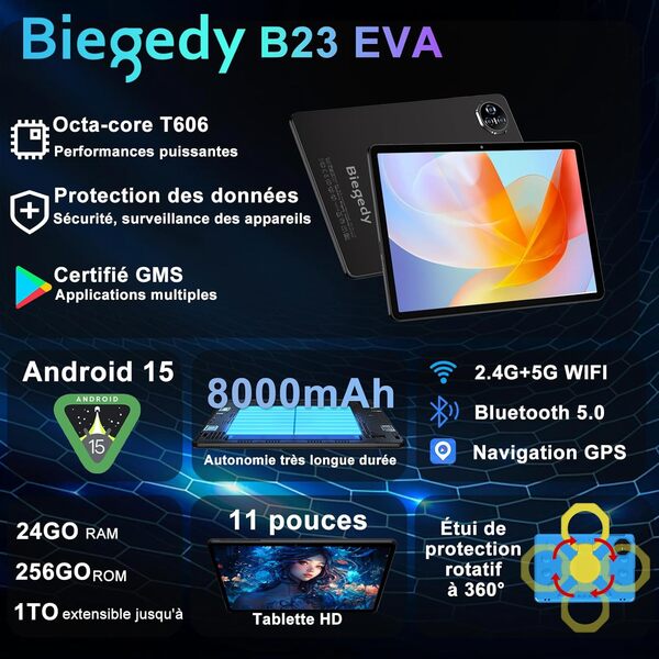 Tablette Enfants 11 Pouces Android 15, 24Go RAM+256Go ROM (2To Extensible), Octa-Core, 8000mAH, 5G/WiFi 6, 5+13MP, Contrôle Parental, avec EVA Étui de Protection Antichoc, 360° Rotatif Support （Bleu ）