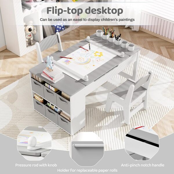 MAMIZO Table pour enfant avec 2 chaises - En bois - Avec espace de rangement - Avec rouleau en papier - Table de peinture et de bricolage pour enfants à partir de 3 ans - Gris
