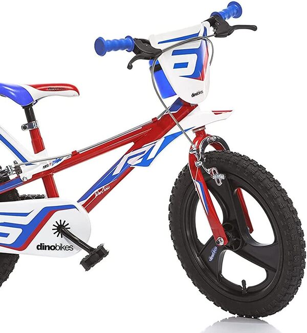 Dino Bikes Vélo Enfant Garçon 14 Pouces Freins sur Le Guidon Blanc Rouge Bleu