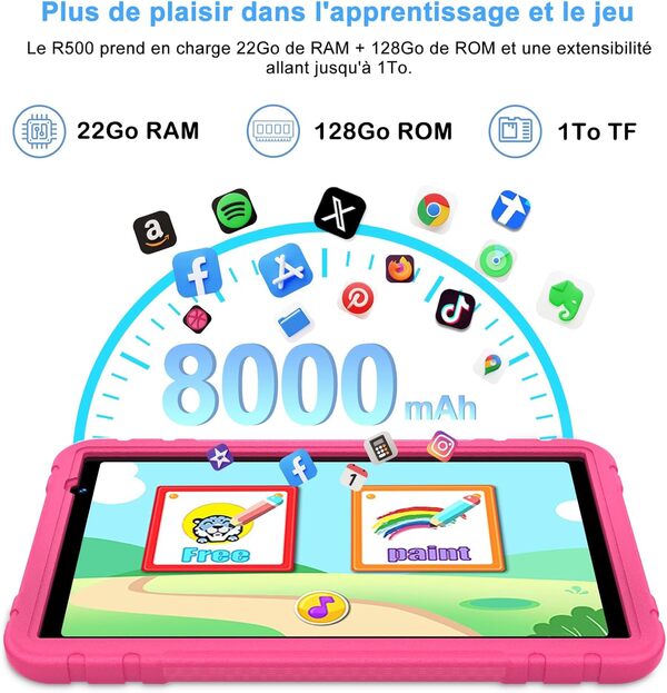 Enfants 10 Pouces Android 14 Tablette avec 22GO RAM+128G0 ROM (TF 1TB), Contrôle Parental, 8000mAh, Octa-Core, Widevine L1, WiFi 6, BT 5.0, Tablette Éducative avec Kid-Proof Étui- Rouge