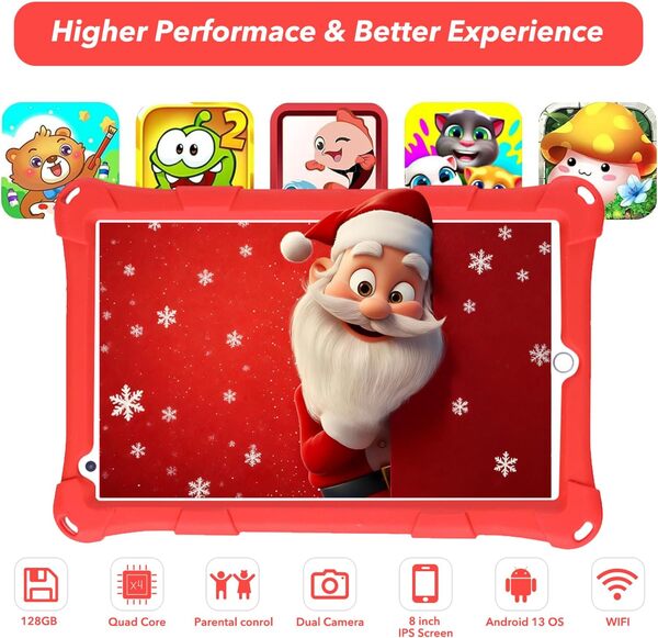 Tablette Enfants, 8 Pouces, Android, 6+10 RAM, 128 Go ROM (Carte TF 256 Go), certifiée Google, Logiciel Enfant préinstallé, Wi-FI, étui Antichoc, Cadeau pour Enfants (Rouge)