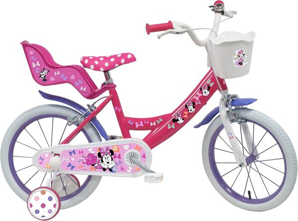 Vélo Enfant 16'' Fille Minnie/Disney équipé de 2 Freins, Panier Avant, Porte poupée arrière, Garde-boues et Stabilisateurs + Casque Minnie Inclus  !