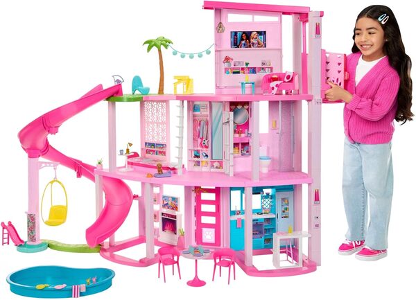Barbie Coffret Maison de Rêve Poupée Mannequin, Design en Spirale sur 3 Niveaux, 10 Espaces de Vie Inclus Piscine, Toboggan, et Ascenseur, 75Accessoires Inclus,Jouet pour Enfant de 3 ans et Plus,HMX10