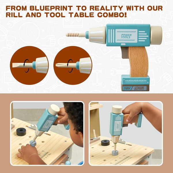 Kit d'outils pour enfants, banc à outils en bois avec tablier, jouet pour tout-petit, établi avec outils réalistes, perceuse électrique, jouet STEM BAU, cadeau pour garçons et filles de 3 à 9 ans