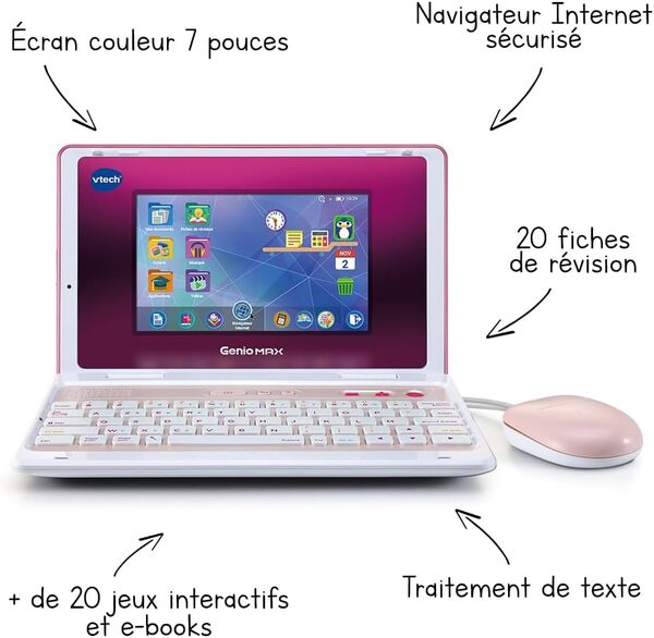 VTech - Genio Max, Mon Premier Vrai Ordi Rose Métal, Ordinateur Enfant avec Écran Couleur 7 Pouces, Souris, 60 Activités et Jeux Éducatifs, Cadeau Enfant de 5 Ans à 12 Ans - Contenu en Français