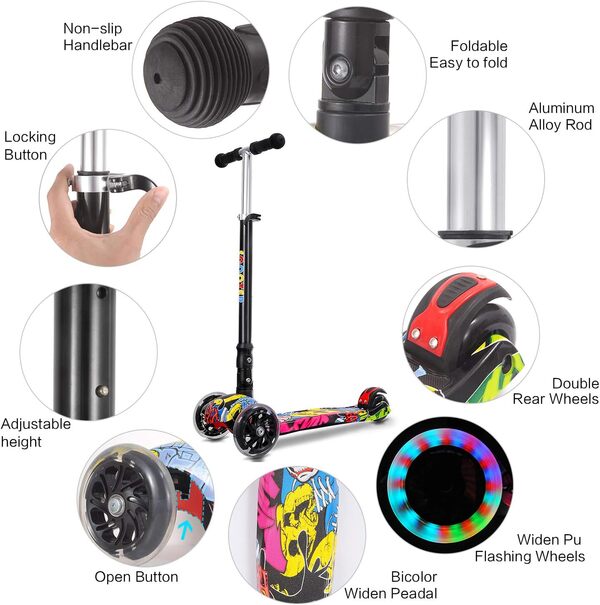 IMMEK Trottinette Enfant à partir de 3 à 12 Ans- Pliable - Charge Jusqu’à 50 kg - avec Guidon anodisé réglable en Hauteur et Roues à LED Clignotantes, Multicolore