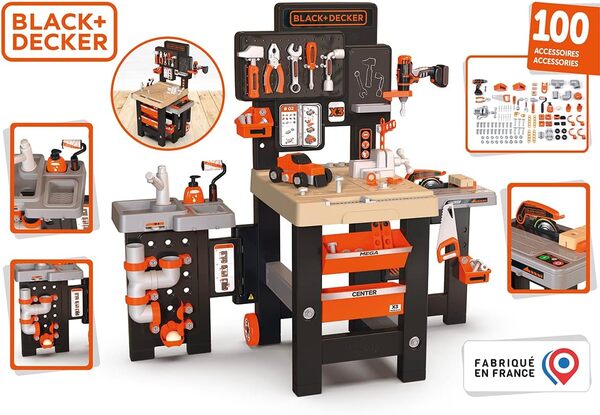 Smoby - Black+Decker - Mega Center - Jouet Etabli Bricolage - Mécanique, Plomberie, Peinture, Menuiserie - Nombreux Accessoires Inclus - A Partir de 3 Ans - Fabrication Française