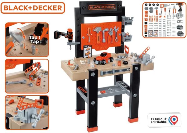 Smoby - Black+Decker - Etabli Bricolo Center - Jouet Bricolage Enfant - 92 Accessoires - 1 Perceuse + Voiture à Construire - Fabriqué en France - A Partir de 3 Ans