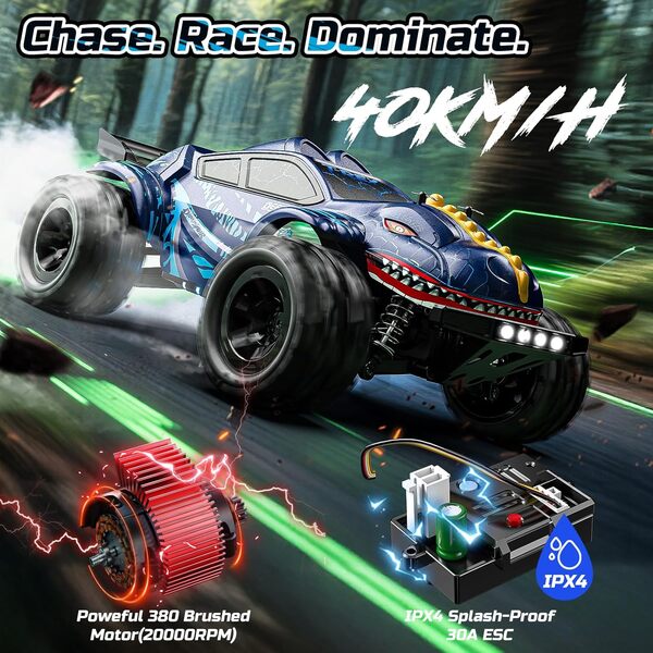 DEERC 9308E 1:16 Voiture Télécommandée Monster Truck Rapide 40 KPH, RC Camion Dinosaure 4 Roues motrices Haute Vitesse, Voiture RC Tout-Terrain 2,4 GHz avec 2 Batteries et 2 Coques pour garçons