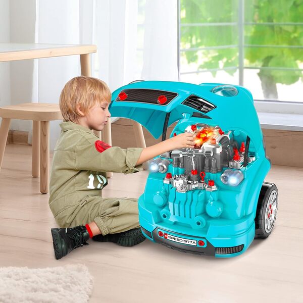 HOMCOM Camion mécano 2 en 1 - Jouet Bricolage Enfant 3-5 Ans - Jeu d'imitation mécanicien - Nombreux Accessoires Total de 61 pièces - Effets sonores et Lumineux - Bleu