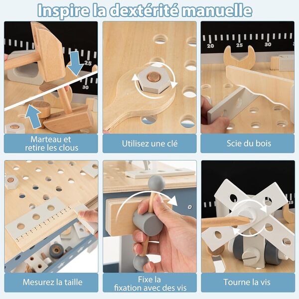 COSTWAY Jouet d'Etabli en Bois pour Enfants avec 5 Outils & 56 Accessoires, Jouet Bricolage Enfants avec Tableau Noir & Etagère Inférieure, Jeu d'imitation pour Garçons et Filles de 3 Ans+