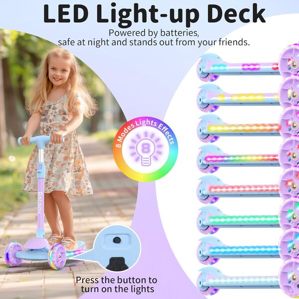 BELEEV A9 Trottinette pour Enfants 3 à 12 Ans, Trotinette Pliable à 3 Roues LED Roues Lumineuses et Deck, 4 Réglables en Hauteur, Plateau Antidérapant Scooter pour Filles Garçons, Tricycle Pliable