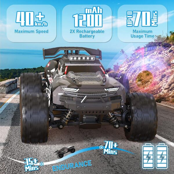 Voiture Télécommandée - 2,4 GHz Voiture RC Rapide Tout Terrain 40 km/h avec Lumières 1:18, 4WD High Speed Buggy Crawlers Radiocommandée Jouet Cadeau pour Enfant Adulte