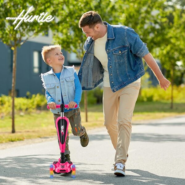 Hurtle Trottinette Enfant, Trottinette 3 Roues, Patinette Enfant Pliable avec Hauteur Ajustable, Plateau Antidérapant, LED Roues Lumineuses, Scooter pour Fille/Garçon de 2 à 8 Ans