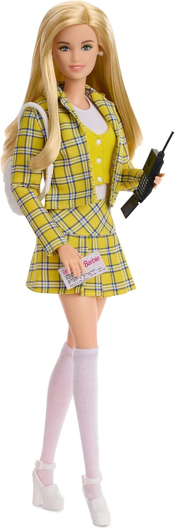 Barbie Signature Poupée Cher de Clueless à Collectionner dans Un Costume à Carreaux Jaune avec Sac à Dos, téléphone Portable et permis d’Apprentissage de la Conduite