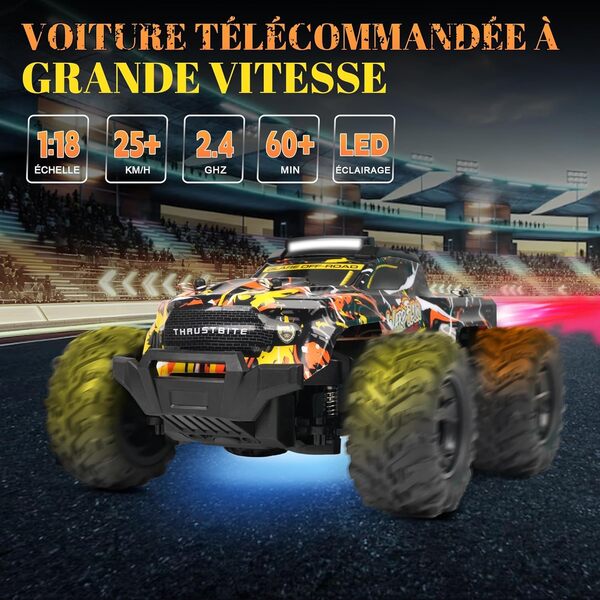 Voiture Télécommandée – 1:18 RC Voiture Buggy 25KMH+ 2.4GHz Voiture Rc Truck avec Spray Tout Terrain avec 2 Batteries Rechargeable 2WD Jouet Hors Route pour Enfants Et Adultes – Jaune