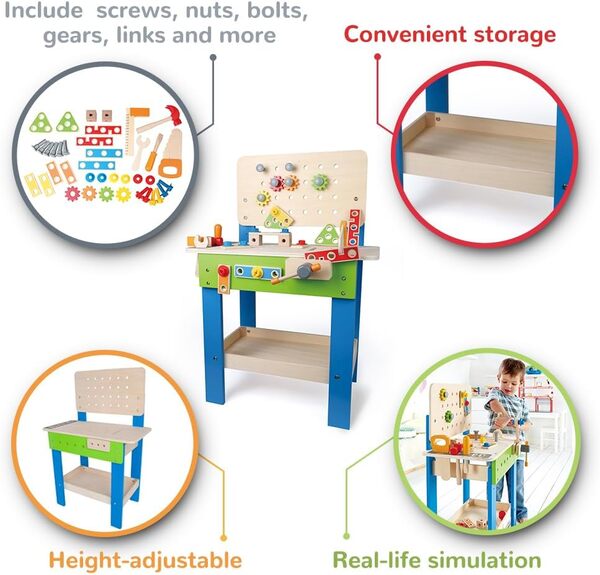 Hape Jouet en Bois Établi du Bricoleur - Jouet de Bricolage Enfant - Jeu d'Éveil et Construction de 35 Pièces - Accessoires en Bois Multicolor - pour Enfant de Plus de 3 Ans