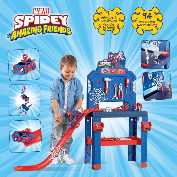 Smoby - Spidey - Bricolo Center - Bricolage - Nombreuses Fonctions de Jeux - Voiture à Assembler - 90 Accessoires - A Partir de 3 Ans - Fabrication Française