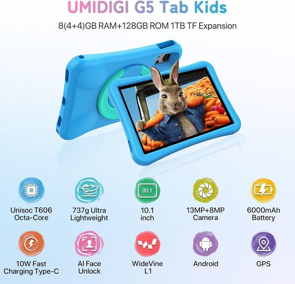 UMIDIGI Tablette pour Enfants 10,1 Pouces,8(4+4) GB+128GB/1TB Tablette Enfants Android,G5 Tab Kids Contrôle Parental,Octa-Core,6000mAh,Tablet Éducative avec Carte SIM,4G-LTE,GPS,Wi-FI