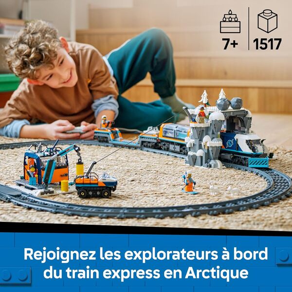 LEGO City Le Train Express des Explorateurs en Arctique - Locomotive Télécommandée - Chasse-Neige, 22 Rails & 6 Minifigurines - Fonction Chute de Rochers - Cadeau pour Garçon ou Fille dès 7 Ans 60470