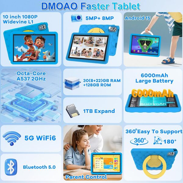 Tablette Enfants 10 Pouces Android 15 avec 30Go RAM (TF 2To), 5G WI-FI 6, Widevine L1, Contrôle Parental, 8-Core, Tablette Tactile avec Coque Antichoc EVA + Support Rotatif à 360°, Bleu