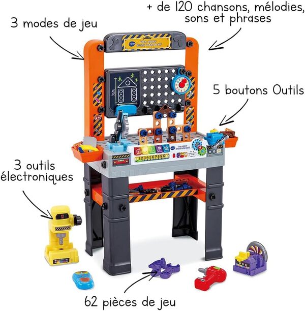 VTech - Mon Super Établi Interactif, Bricolage Enfant, Jeux Éducatifs, Jeu de Construction Autonome, 96 Pièces et Accessoires de Jeu, Cadeau Garçon et Fille de 3 Ans à 7 Ans - Contenu en Français