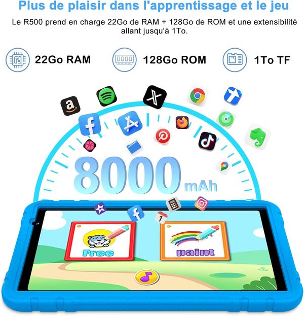 Enfants 10 Pouces Android 14 Tablette avec 22GO RAM+128G0 ROM (TF 1TB), Contrôle Parental, 8000mAh, Octa-Core, Widevine L1, WiFi 6, BT 5.0, Tablette Éducative avec Kid-Proof Étui- Bleu