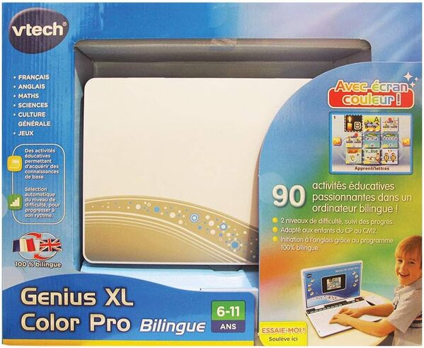 VTech - Genius XL Color Pro Bilingue Gris Argent, Ordinateur Enfant avec Écran Couleur, Souris, 90 Activités Éducatives et Évolutives, Cadeau Enfant de 6 Ans à 11 Ans - Contenu en Français et Anglais