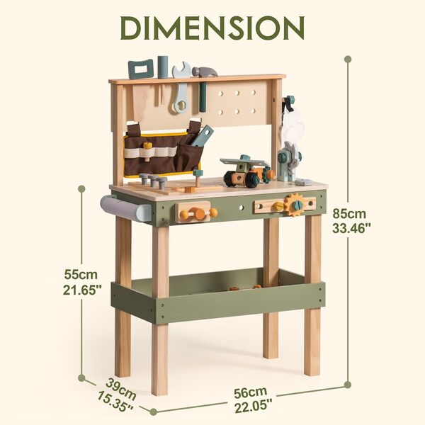 ROBOTIME Banc à outils en bois pour enfants – Ensemble d'établi multifonction avec ceinture à outils, marteau, clé, tournevis, engrenages et papier à dessin – Jouet d'apprentissage créatif et jeu de