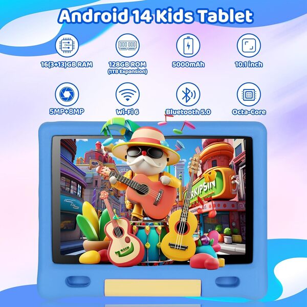 Whitedeer Tablettes Tactiles pour Enfants Tablette 10 Pouces Octa Core avec 16GB RAM 128GB ROM TF 1TB, Android 14, Wi-FI 6/BT 5.3, Widevine L1, 5000 mAh, Contrôle Parental Cadeau Educative Enfant
