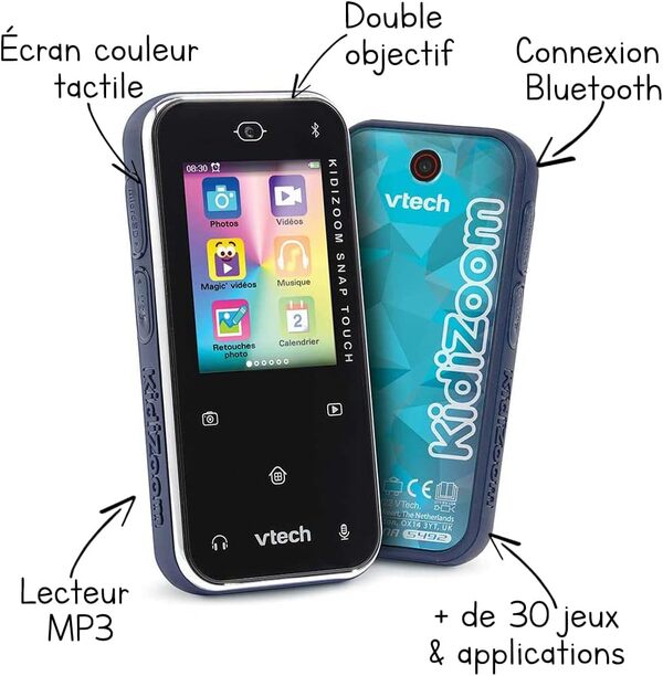 VTech - KidiZoom Snap Touch Bleu, Appareil Photo Numérique Portable, Photo, Selfie, Vidéo, Écran Tactile Couleur, Lecteur MP3, Bluetooth, Cadeau Enfant et Ado de 6 Ans à 13 Ans - Contenu en Français