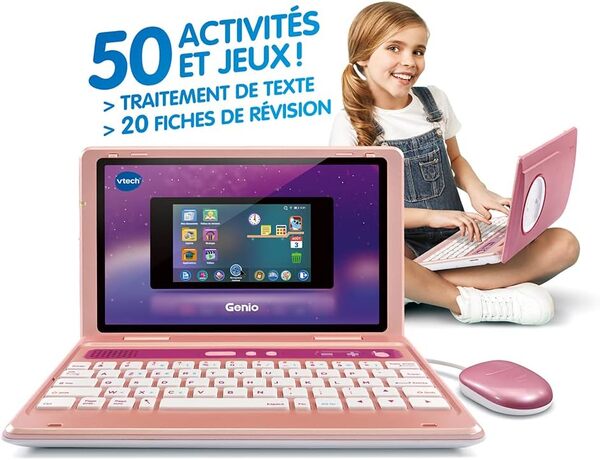 VTech - Genio, Mon Premier Vrai Ordi Rose Métal, Ordinateur Enfant avec Écran Couleur 5 Pouces, Souris, 50 Activités et Jeux Éducatifs, Cadeau Enfant de 5 Ans à 12 Ans - Contenu en Français