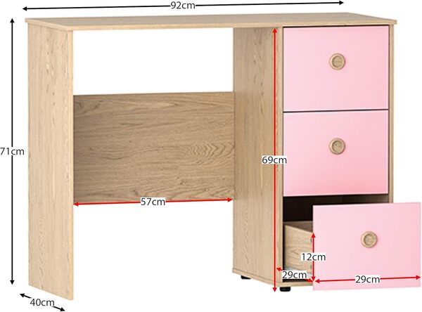 Neptune Coiffeuse d'ordinateur à 3 tiroirs pour Ordinateur Portable/Maison ou Bureau pour Enfants (Rose et chêne)