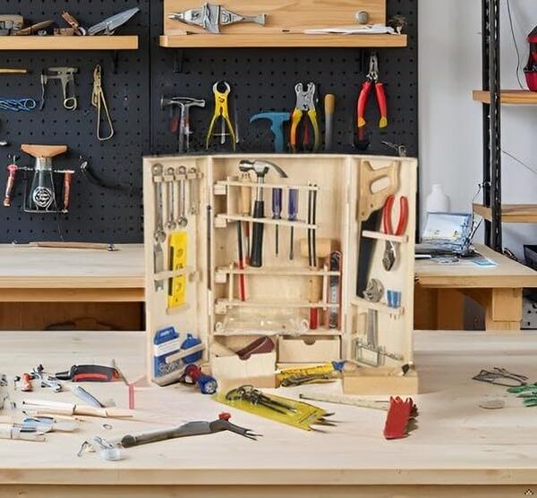 Leomark Coffret à Outils Boîte à Outils Deluxe Outils de charpentie 50 pièces Jeu D'imitation Caisse à Outils en Bois Ensemble de Jeu de Construction pour Les Enfants de Plus de 8 Ans