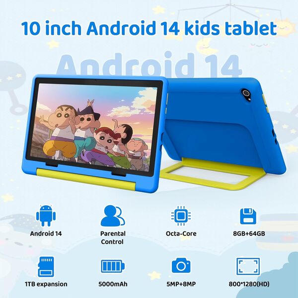 Tablette Enfant 10 Pouces Android 14, écran HD 1280 x 800, Batterie 5000 mAh, 8 Go + 64 Go, Extensible jusqu'à 1 to, Double caméra 5 + 8 MP, étui de Protection + 3 Autocollants DIY (Bleu)