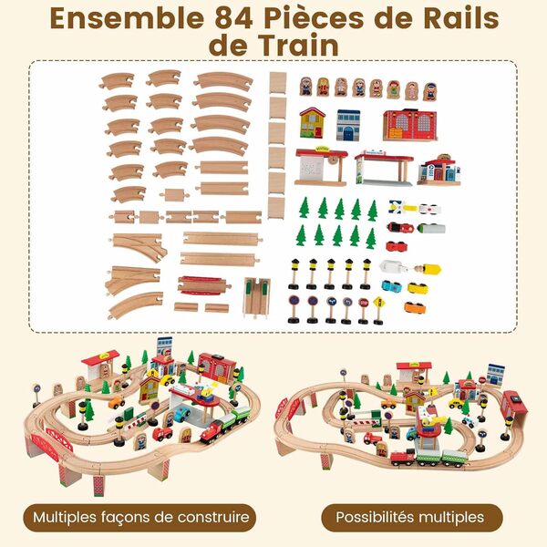 COSTWAY 2 en 1 84 PCS Table Circuit de Train en Bois avec Plateau Réversible, Table Enfants avec Tiroir, Coins Arrondis, Table de Jeux Train pour Enfants de 3 Ans+, 97x62,5x39,5cm (Naturel)