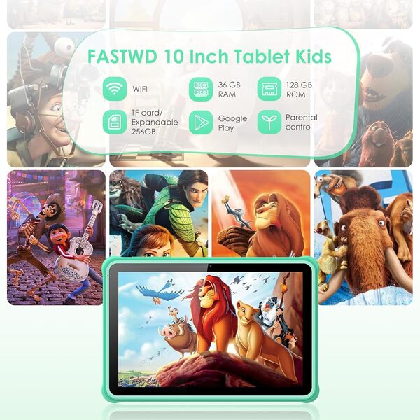 Tablette Android 14 Enfant 10 Pouces 36GB RAM 128GB ROM (SD Expandable), WiFi 5G, BT 5.0, Educative avec Contrôle Parental, HD IPS Screen, Pour Famille (Vert)