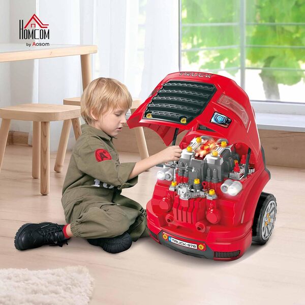 HOMCOM Camion mécano 2 en 1 - Jouet Bricolage Enfant - Établi Enfant - Jeu d'imitation mécanicien - Nombreux Accessoires Total de 61 pièces - Effets sonores et Lumineux - PP ABS Rouge