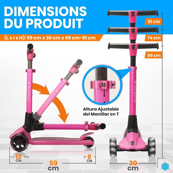 Hurtle Trottinette enfant, Trottinette 3 roues, Patinette Enfant Pliable, Roues LED Intégrées, Scooter Pliable avec Plateforme Large Antidérapante, Hauteur Réglable, Idéal pour les Jeux Extérieurs