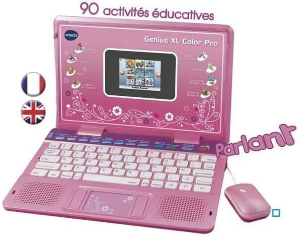 VTech - Genius XL Color Pro Bilingue Rose, Ordinateur Enfant avec Écran Couleur, Souris, 90 Activités Éducatives et Évolutives, Cadeau Enfant de 6 Ans à 11 Ans - Contenu en Français et Anglais