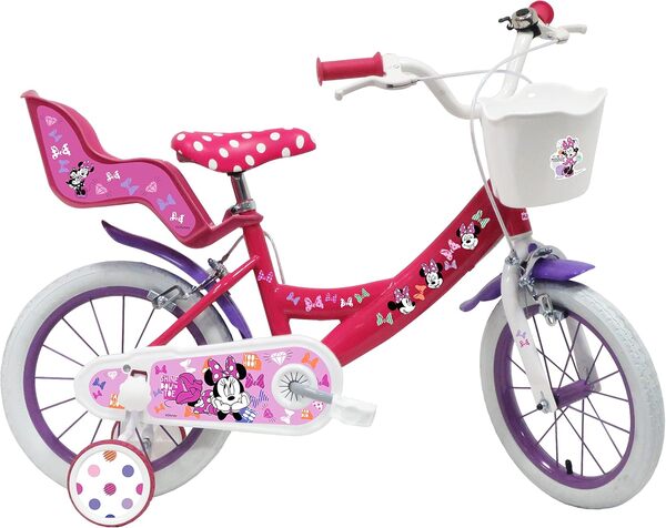 Vélo Enfant 14'' Fille Minnie/Disney équipé de 2 Freins, Porte poupée arrière, Panier Avant et Casque Inclus  !