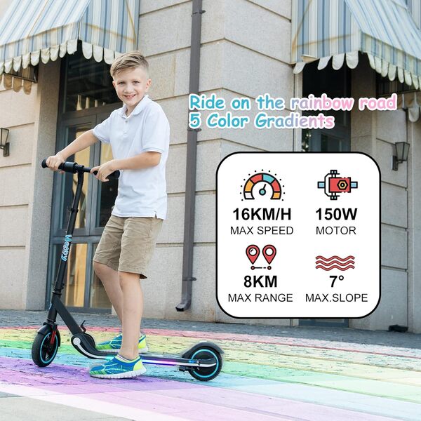 RCB Trottinette électrique Enfant 6-12 Ans, Moteur 150W - Max 16Km/h - Lumière Arc-en-Ciel - Pliable - Affichage LED - Vitesse et Hauteur Réglables, Cadeau pour Enfants et Adolescents