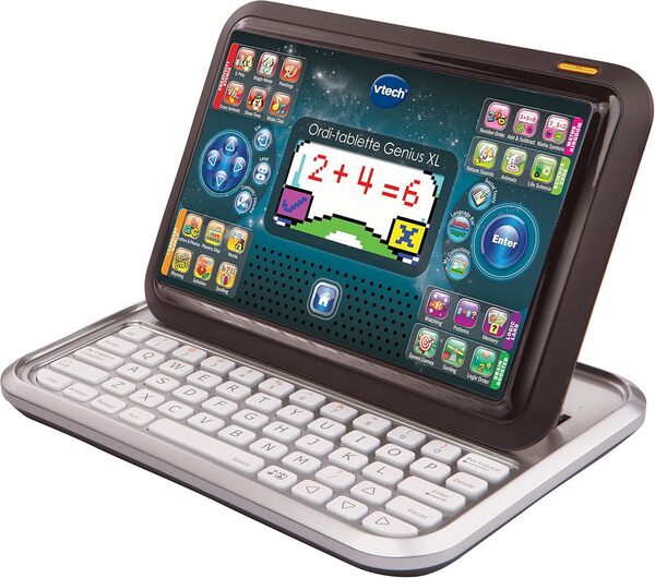 VTech Ordi-Tablette Genius XL Noir, Tablette Educative 2 en 1 avec Ecran Couleur, 80 Activites, 200 Mots de Vocabulaire, 3 Niveaux de Difficulte, Inclus Ecran Couleur et Clavier AZERTY