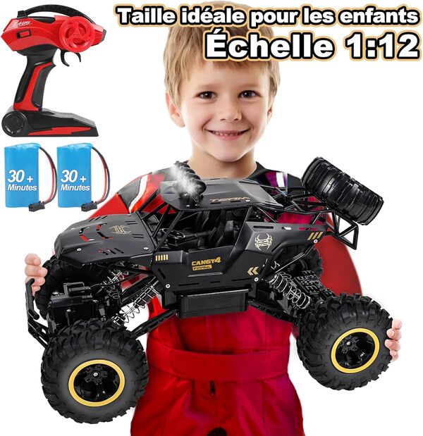1:12 Grande Voiture télécommandée, 2,4 GHz rc Jouet, 4x4 télécommandée Tout Terrain, Monster Truck avec lumière LED, 2 Batteries, Voiture téléguidée Enfant Cadeau pour garçons de 6 Ans