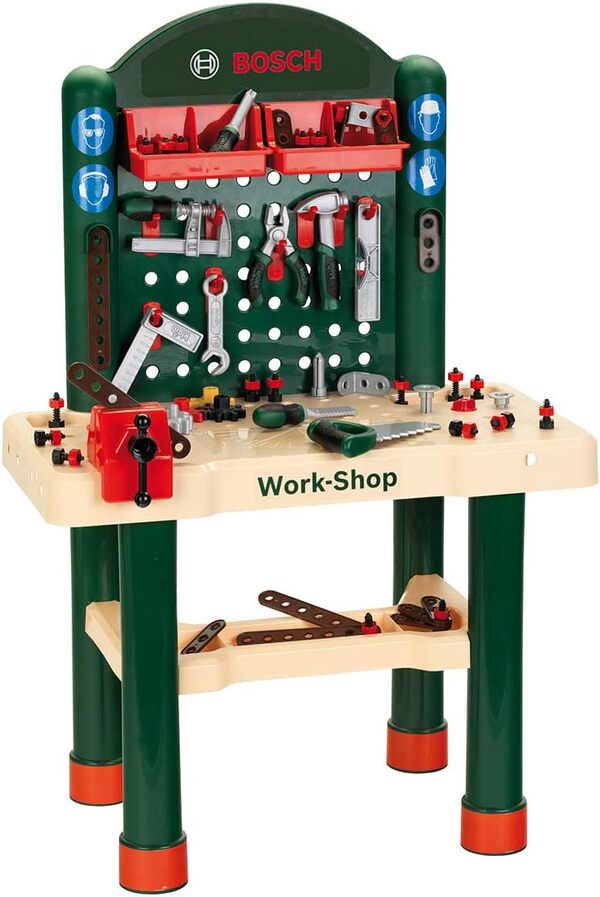 Theo Klein 8461 Etabli Bosch Work-Shop - Large Plan de Travail, étagère compartimentée, casiers, étau, etc. - Livré avec 82 Accessoires - Dimensions : 67,5 x 38,5 x 102 cm - pour Enfants dès 3 Ans