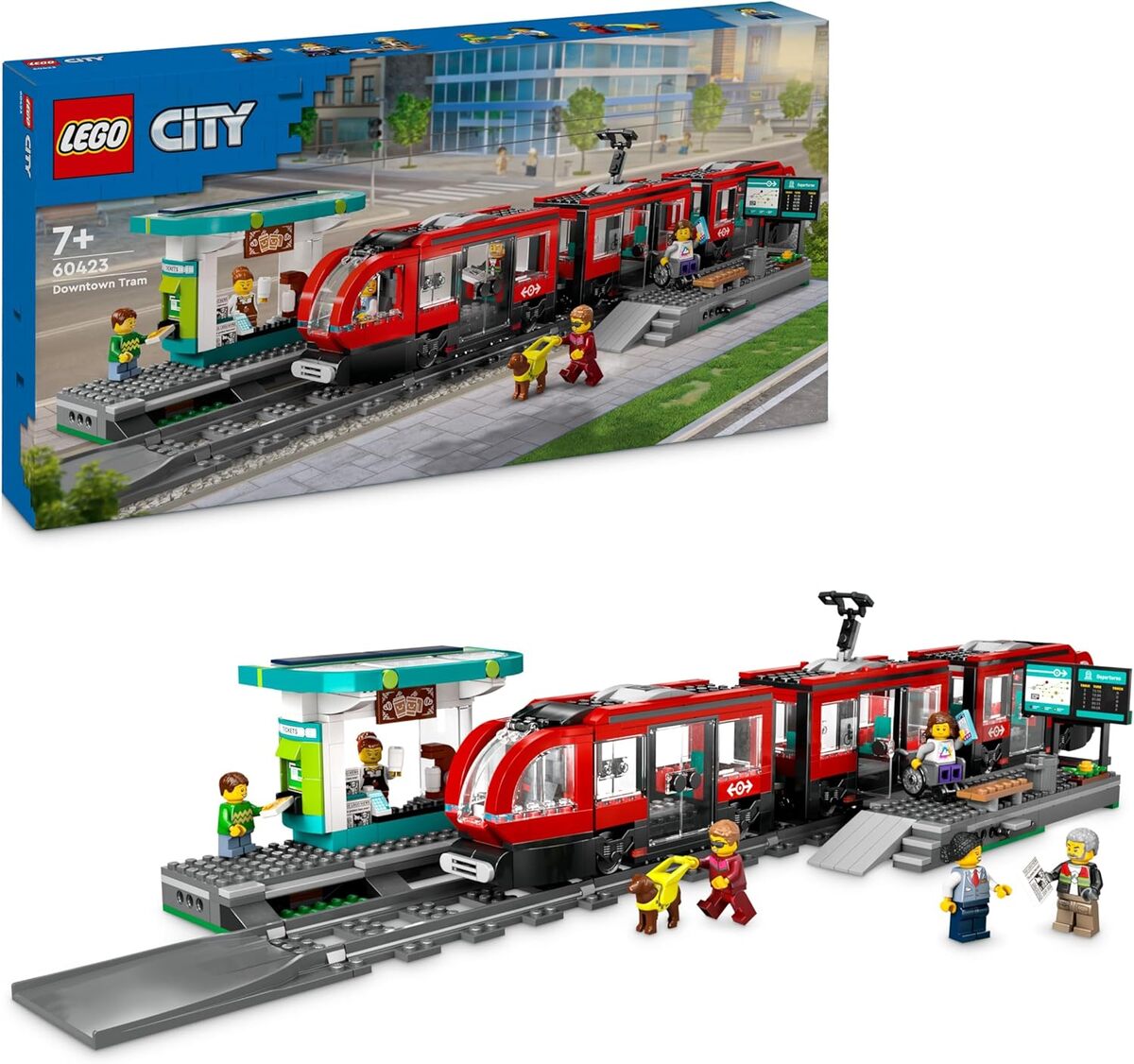 Test : lego City tramway centre-ville, 6 minifigurines, chien-guide 60423