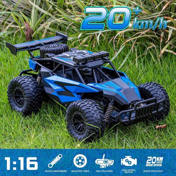 ACAMMZAR AT2 Voiture Telecommandé Tout Terrain pour Enfants, Voiture Télécommandée 1:16 20+Km/h RC Car 50+Min Temps avec 2 Batteries, 2WD 2.4GHz avec Phares LED pour Adultes et Garçons Débutants